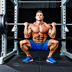 A strong, focused individual, male or female, performing a barbell back squat inside a clean, modern gym. The subject is perfectly poised within a sturdy squat rack, with heavy but appropriate weight plates on the bar. The lighting is bright and professional, highlighting muscle definition. The individual is fully clothed in modest, professional athletic wear, appropriate attire, safe for work, appropriate content, perfect anatomy, correct proportions, natural pose, well-formed hands, proper finger count, natural body proportions, professional photography, high quality, family-friendly.