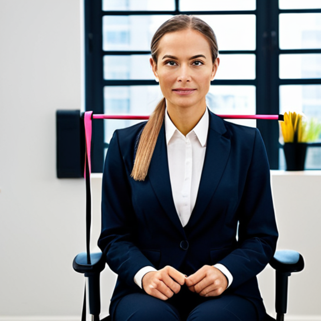 Office Wellness**

"A woman in professional business attire, fully clothed, sitting in an office chair, using a resistance band for a seated row exercise, modest attire, appropriate content, safe for work, perfect anatomy, well-formed hands, natural pose, modern office background, professional, family-friendly."

**