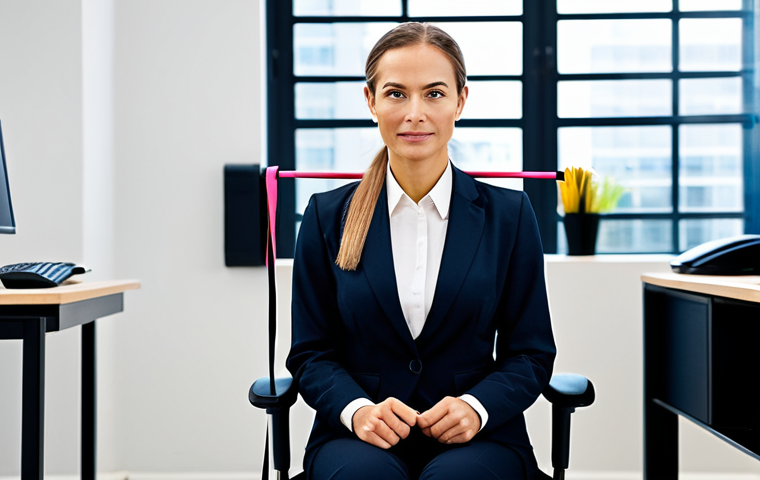 Office Wellness**

"A woman in professional business attire, fully clothed, sitting in an office chair, using a resistance band for a seated row exercise, modest attire, appropriate content, safe for work, perfect anatomy, well-formed hands, natural pose, modern office background, professional, family-friendly."

**
