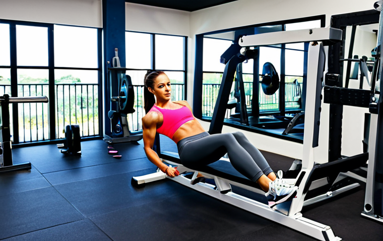 프리웨이트 vs 머신웨이트 차이 - Beginner's Gym**

"A brightly lit gym, a woman (25-35 years old) in athletic wear (leggings, t-shirt...