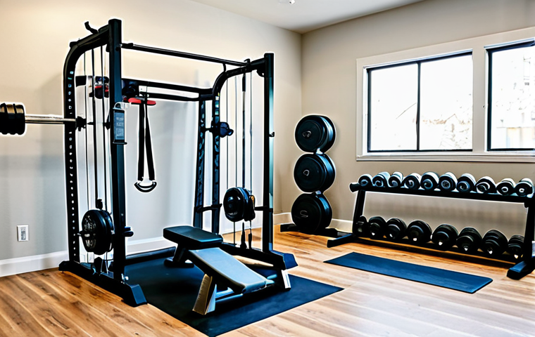 프리웨이트 vs 머신웨이트 차이 - Free Weights Focus**

"A muscular man (30-40 years old) in a gym setting, wearing appropriate gym at...