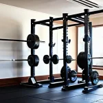 프리웨이트용 원판 보관랙 추천 - **Prompt:** A clean and well-lit home gym featuring a robust, black matte, vertical "tree-style" wei...