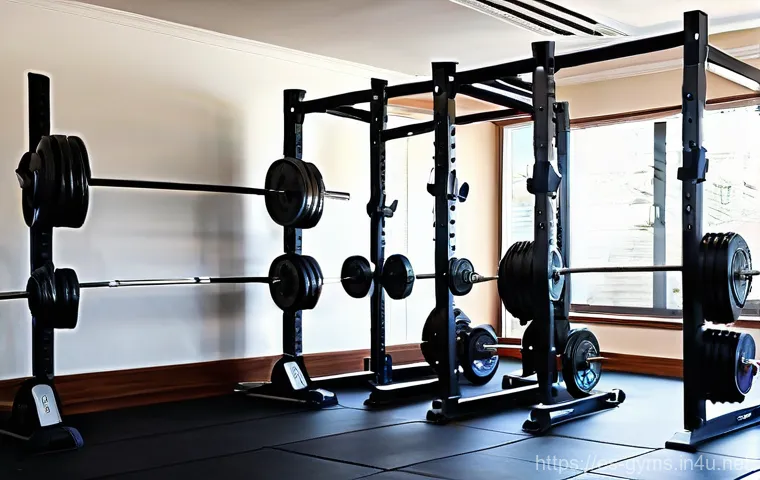 프리웨이트용 원판 보관랙 추천 - **Prompt:** A clean and well-lit home gym featuring a robust, black matte, vertical "tree-style" wei...
