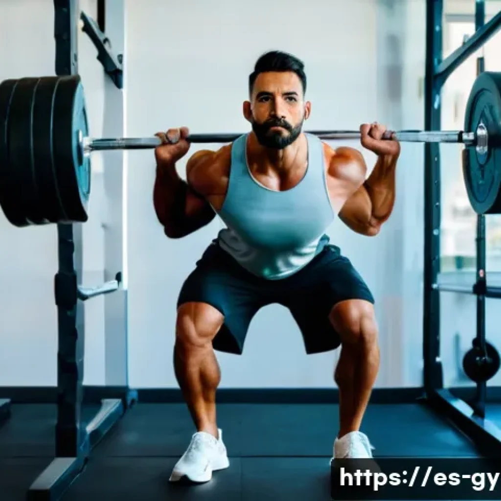 바벨과 덤벨 차이점 및 사용 팁 - A fit Hispanic man in his 30s performing a barbell squat inside a modern gym with natural light. He ...