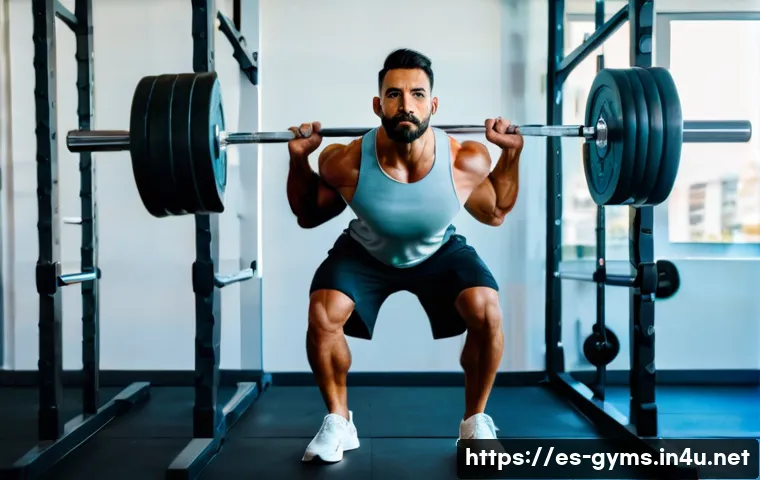 바벨과 덤벨 차이점 및 사용 팁 - A fit Hispanic man in his 30s performing a barbell squat inside a modern gym with natural light. He ...