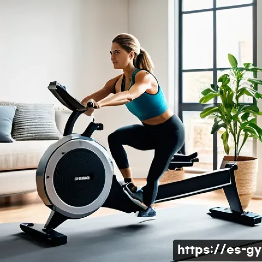 플라이휠 로잉머신 vs 자기저항식 비교 - A modern home gym scene featuring a sleek rowing machine with a large, visible flywheel in motion, s...