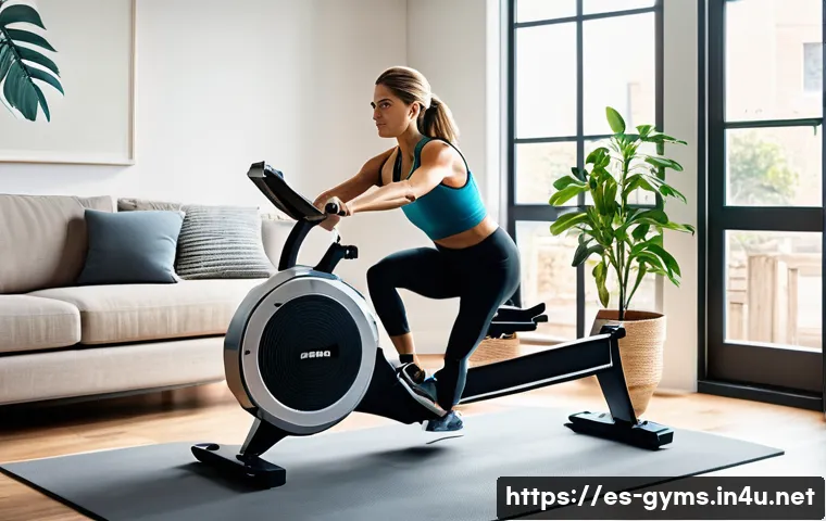 플라이휠 로잉머신 vs 자기저항식 비교 - A modern home gym scene featuring a sleek rowing machine with a large, visible flywheel in motion, s...