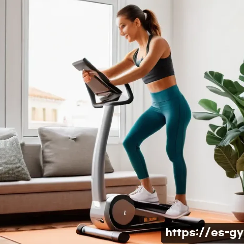 수직 클라이머 운동기구 추천 - A modern, compact vertical climber exercise machine set in a bright, cozy Spanish apartment living r...