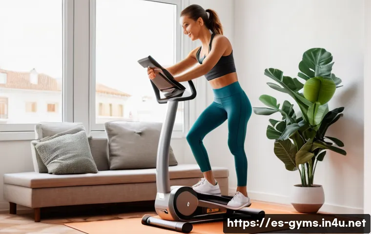 수직 클라이머 운동기구 추천 - A modern, compact vertical climber exercise machine set in a bright, cozy Spanish apartment living r...