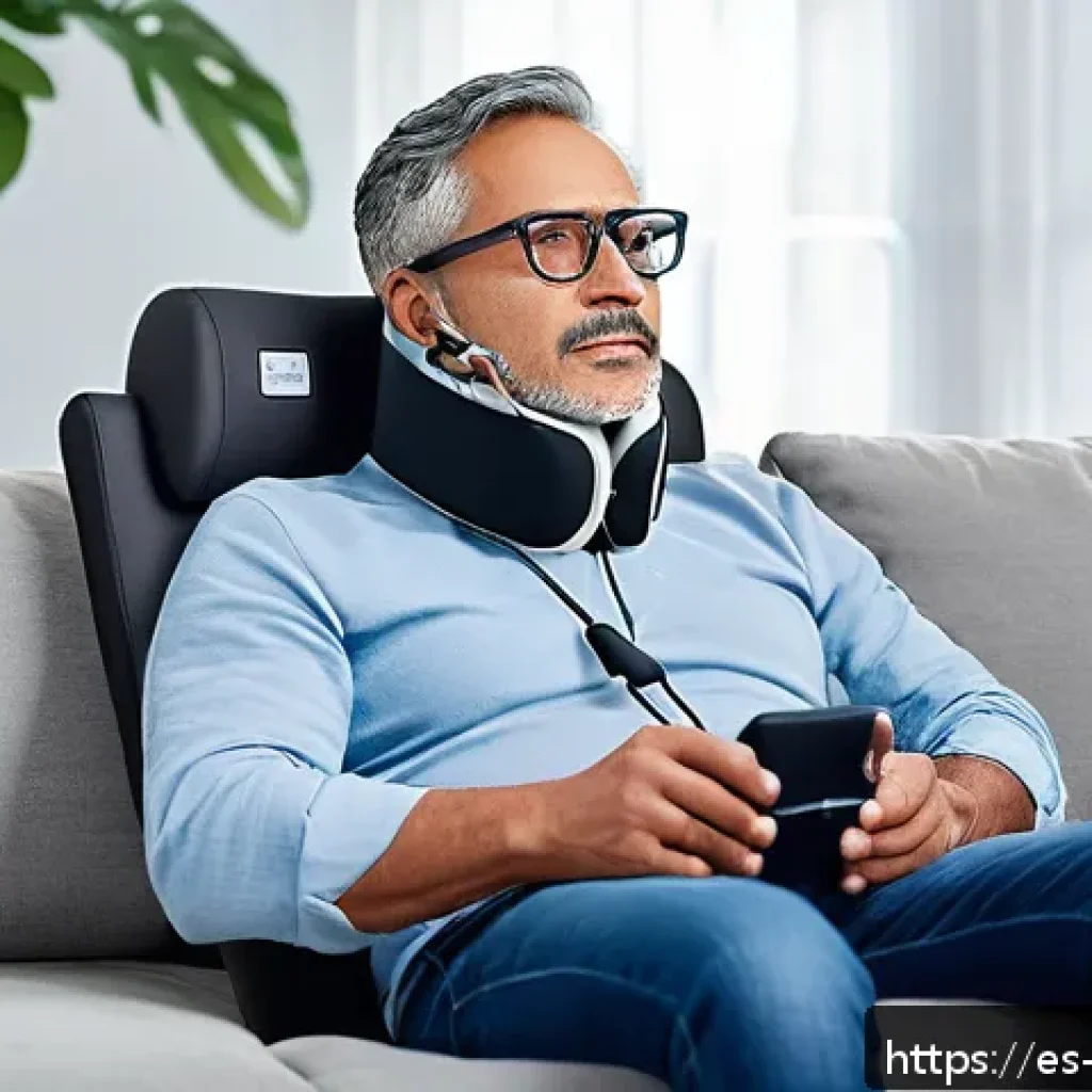 다양한 트랙션 기구 비교 - A modern home setting showing a middle-aged Hispanic man using a portable cervical traction device w...