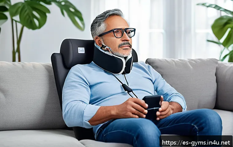 다양한 트랙션 기구 비교 - A modern home setting showing a middle-aged Hispanic man using a portable cervical traction device w...