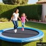 아이들과 함께 사용하는 미니 트램폴린 - A lively family scene in a sunny backyard in Spain featuring children aged 4 to 8 happily jumping on...