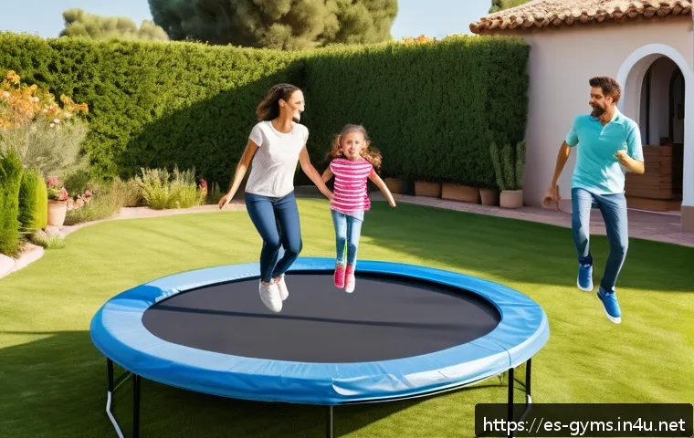 아이들과 함께 사용하는 미니 트램폴린 - A lively family scene in a sunny backyard in Spain featuring children aged 4 to 8 happily jumping on...