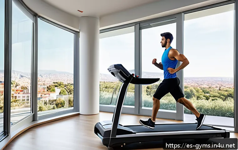 하이브리드 트레드밀과 러닝머신 차이 - A modern home gym scene featuring a sleek hybrid treadmill with integrated dumbbells and adjustable ...