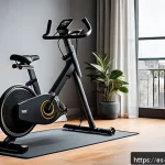 저소음 운동기구 추천 - A modern, quiet home gym setup in a small apartment living room with wooden floors, featuring a slee...